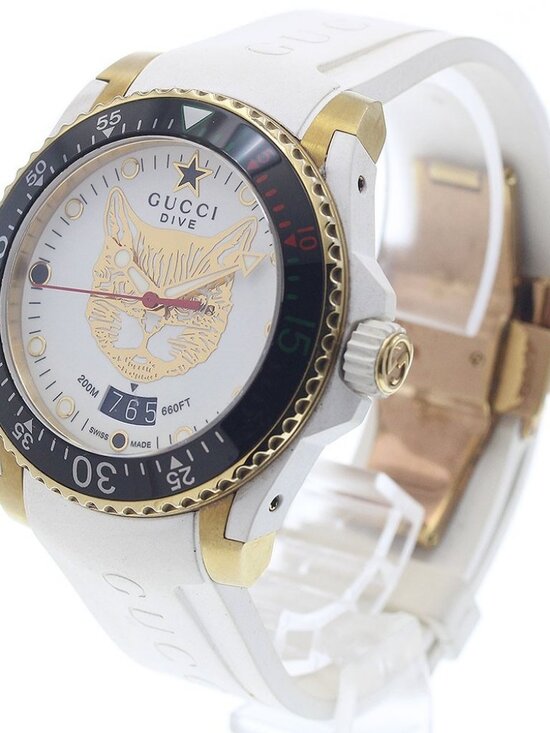 Gucci Dive Quartz White Dial White Rubber Strap Unisex Watch GUCCI Dive 136.3/YA136322 Date Mystic Cat white Dial Quartz Men\'s Watch_942705